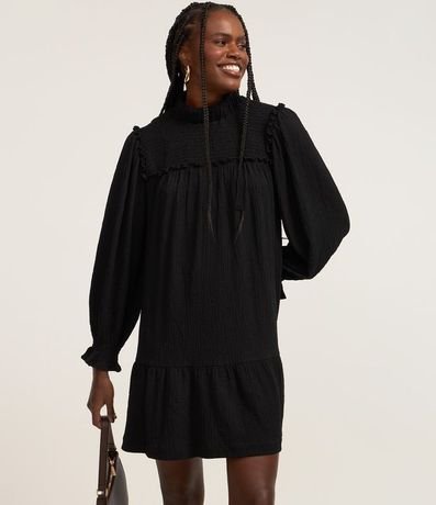 Vestido Corto en Viscosa con Cuello Alto y Lastex