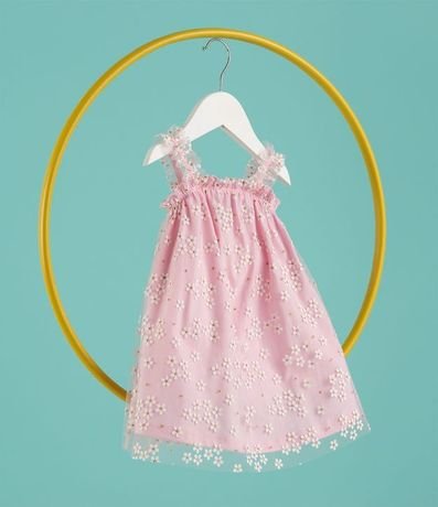 Vestido Infantil en Tule con Estampa de Flores con Purpurina - Talle 0 a 18 meses