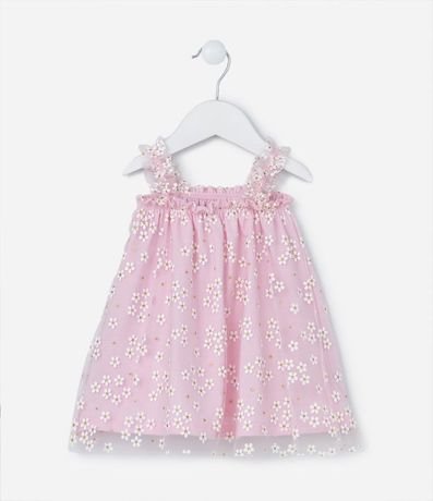 Vestido Infantil en Tule con Estampa de Flores con Purpurina - Talle 0 a 18 meses 4
