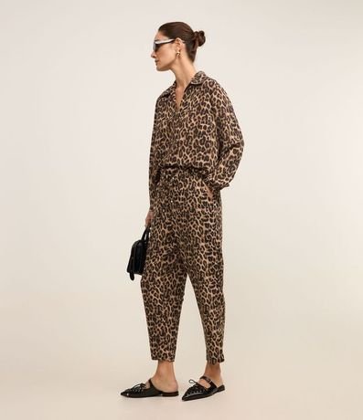 Pantalón Pijama Tiro Alto en Crepé Estampa Animal Print Leopardo