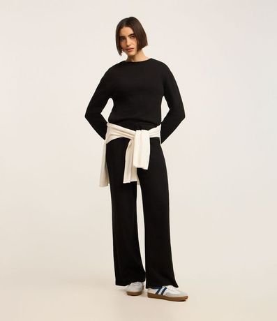 Pantalón Amplio Básico en Algodón con Lazo en la Cintura