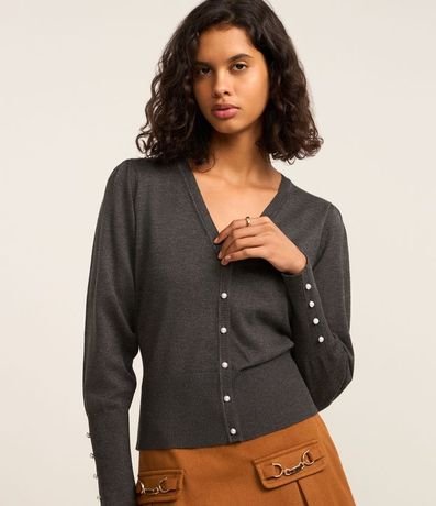 Cardigan en Punto con Manga Abullonada y Botón Perla 1