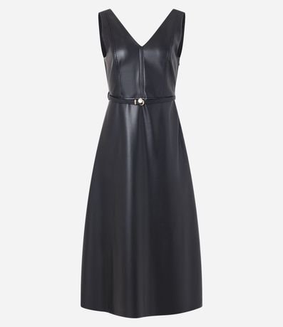 Vestido Evasê Midi en PU con Escote V y Cinturón Fino 6