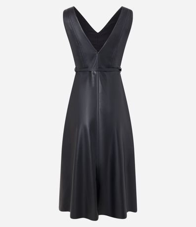 Vestido Evasê Midi en PU con Escote V y Cinturón Fino 7