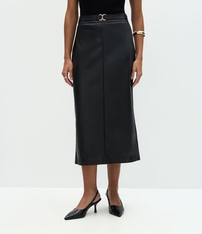 Pollera Midi en PU con Cinturón Hebilla y Encaje Atrás 3