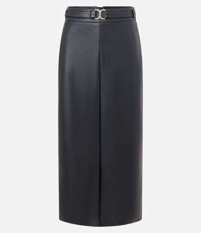 Pollera Midi en PU con Cinturón Hebilla y Encaje Atrás 5