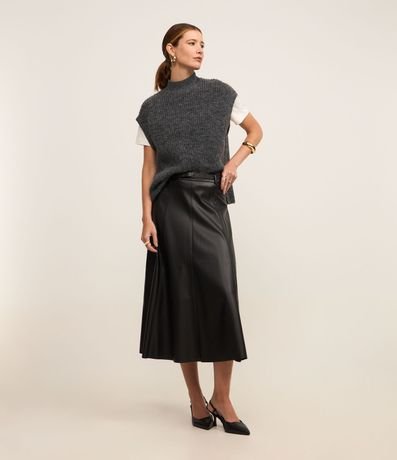 Pollera Godê Midi en PU con Cinturón Fino de Hebilla Forrada