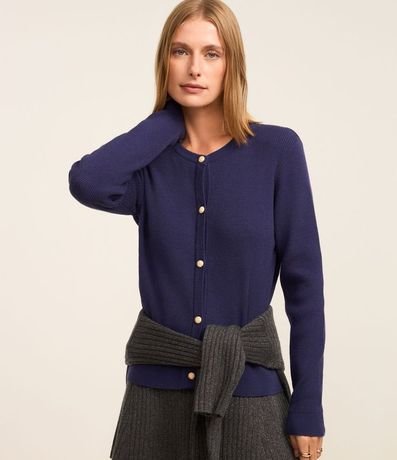 Cardigan Básico en Punto Canelado con Botones Metalizados