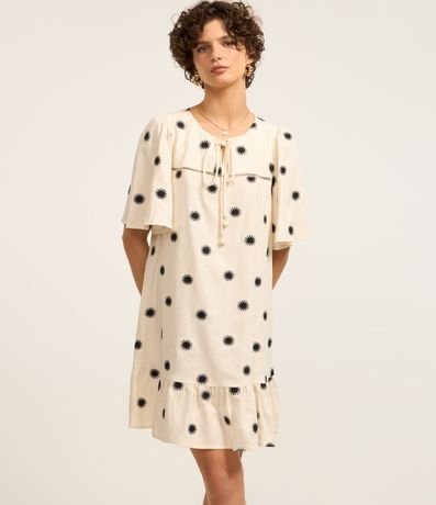 Vestido Evasê Corto en Viscolino con Bordado Sol