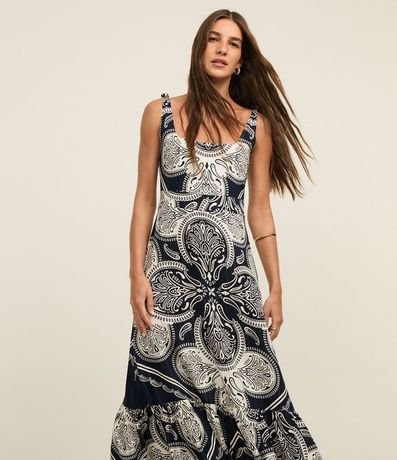 Vestido Evasê Midi en Viscosa con Breteles Medianos y Estampa Paisley