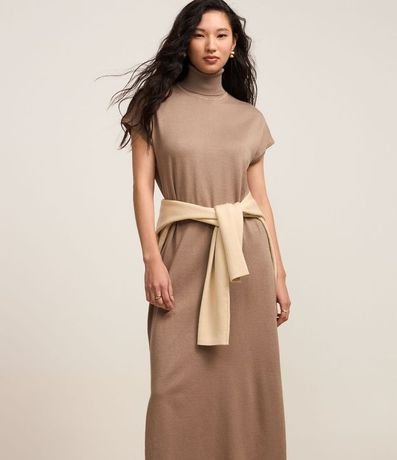 Vestido Midi en Punto con Cuello Alto y Manga Corta sin Sisa