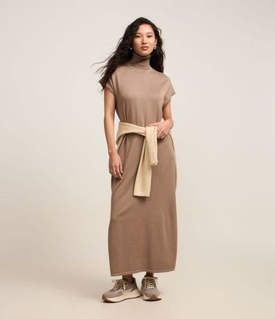Vestido Midi en Punto con Cuello Alto y Manga Corta sin Sisa 2