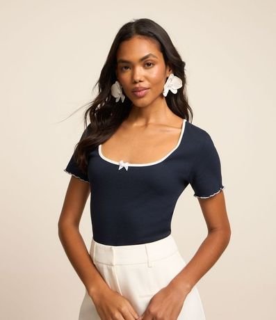 Blusa Acanalada en Algodón con Moña y Contrastes