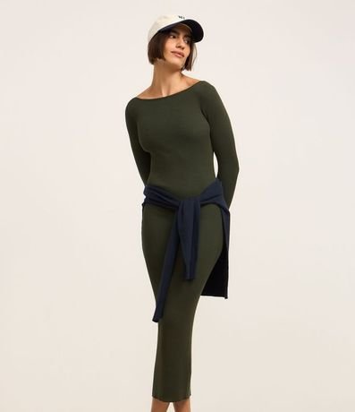 Vestido Midi de Punto Ajustado y con Cuello Barco
