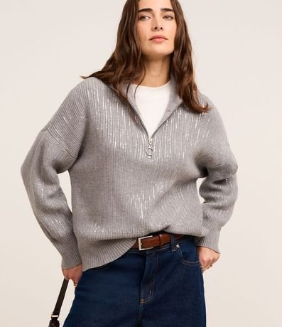 Suéter Amplo en Punto con Lentejuelas y Cuello de Cremallera 1