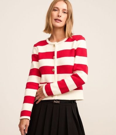Cardigan en Punto Listrado con Botones y Bolsillos