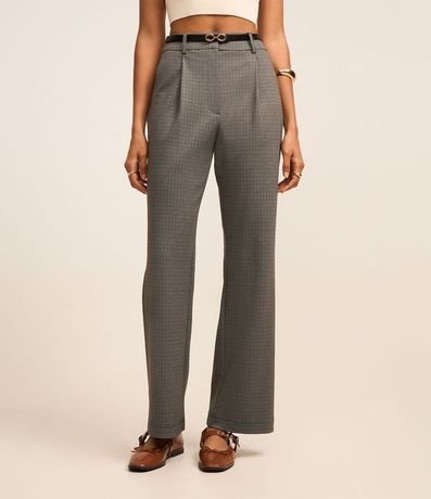 Pantalón Recto Sastrería en Punto Roma de Cuadros con Cinturón de PU 3
