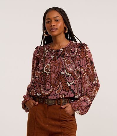 Blusa Bata en Corta en Chiffon con Canesú en Lastex y Estampa Paisley 1