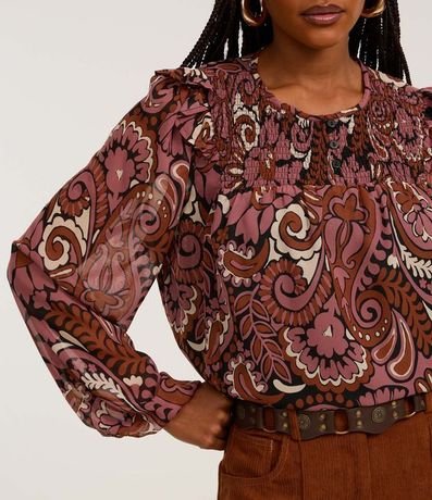 Blusa Bata en Corta en Chiffon con Canesú en Lastex y Estampa Paisley 3