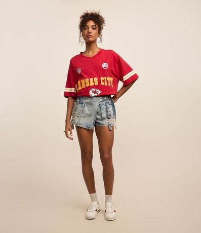 Short Pollera Corto en Jeans Traspasado con Bolsillo Cargo