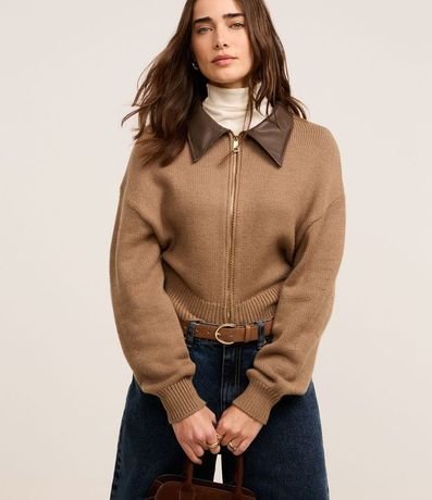 Cardigan en Punto con Cuello de PU