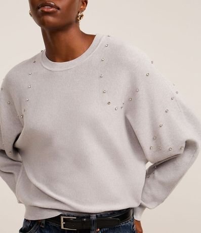 Blusa en Punto con Mangas Abullonadas y Piedritas 1