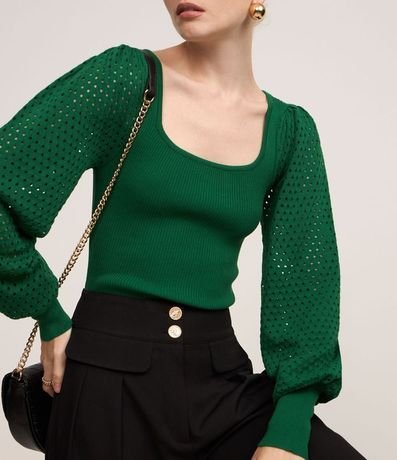 Suéter Canelado en Punto con Furos en la Manga Abullonada 1