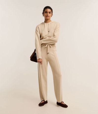 Pantalón Wide Leg en Punto con Cintura de Rib y Frisos