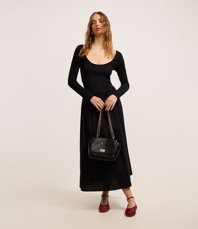 Vestido Largo Midi en Rib y Tricolina con Escote U