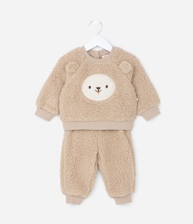 Conjunto Infantil en Sherpa con Bordado Cara de Oso Talle 0 a 18 meses