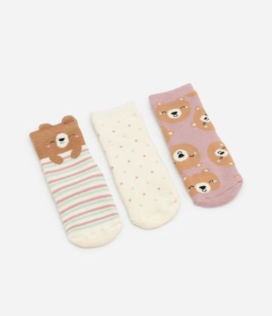 Kit 03 Medias Infantiles Estampadas de Osito con Antideslizante  - RN a 12 meses