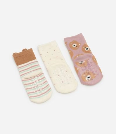 Kit 03 Medias Infantiles Estampadas de Osito con Antideslizante  - RN a 12 meses 2