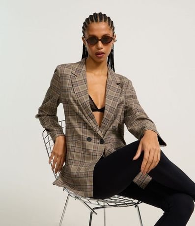 Blazer Alargado en Sastrería de Cuadros con Bolsillo Incorporado