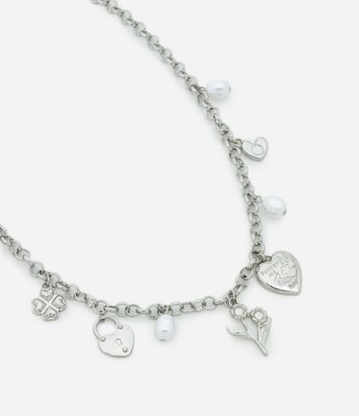 Collar Multipendiente Corto de Metal con Corazones, Flores y Perlas
