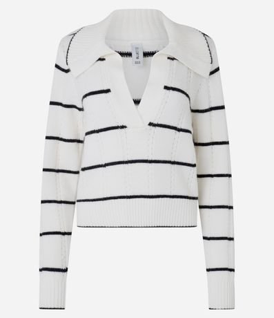 Suéter en Punto Pesado con Cuello Polo y Estampado Rayada 1