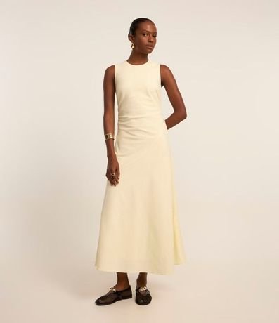 Vestido Midi Evasê sin Manga en Bengalina con Detalle Drapeado