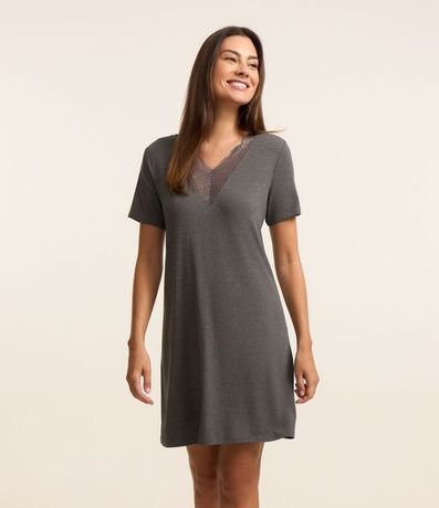 Camisón Manga corta en Viscosa con Detalle de Encaje