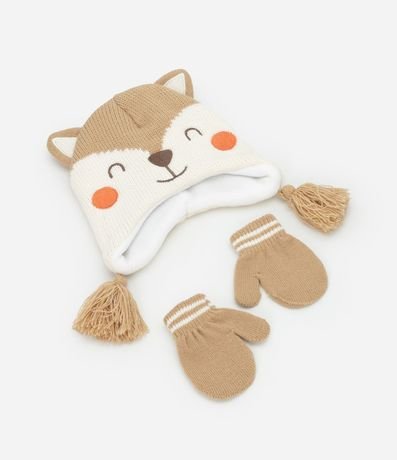 Conjunto Gorro y Guante en Punto con Bordado Zorro - Talle 0 a 12 meses