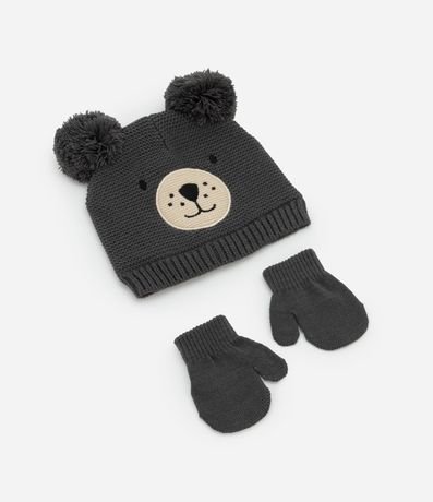 Conjunto Gorro y Guante en Punto con Bordado Oso - Talle 0 a 12 meses