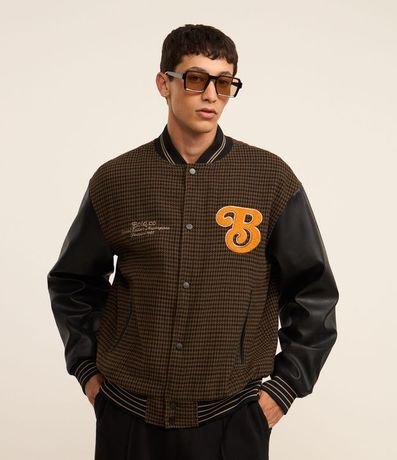 Campera Bomber College con Estampa Bordada y Mangas en Pu