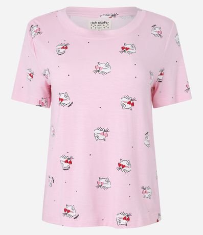 Blusa de Pijama Manga Corta en Viscosa con Estampa de Gato 4