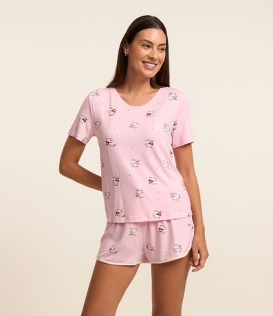 Blusa de Pijama Manga Corta en Viscosa con Estampa de Gato