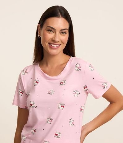 Blusa de Pijama Manga Corta en Viscosa con Estampa de Gato 3