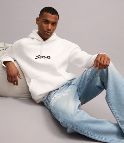 Pantalón Baggy en Jeans con Puídos y Estampa Lettering Grafite 3