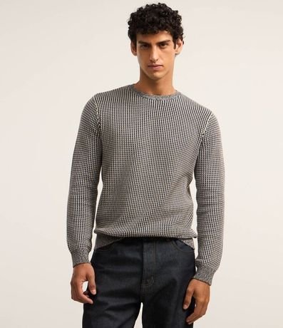 Suéter Regular con Textura Cuadriculada y Cuello Contrastante