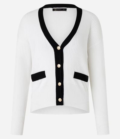 Cardigan en Punto con Botones de Metal y Bolsillo Fake Contrastantes