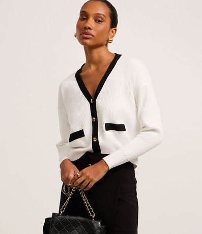 Cardigan en Punto con Botones de Metal y Bolsillo Fake Contrastantes