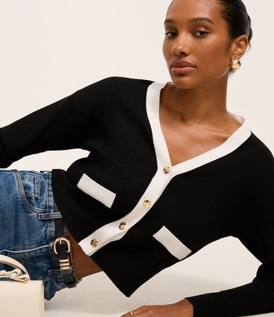 Cardigan en Punto con Botones de Metal y Bolsillo Fake Contrastantes
