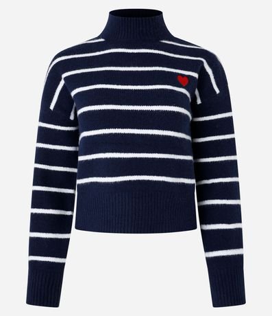 Suéter Listrado en Punto con Cuello Alto y Bordado de Corazón 6