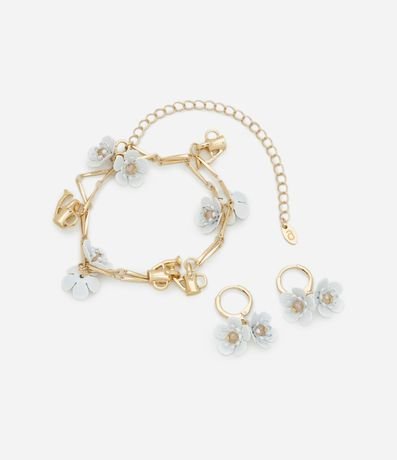 Conjunto de Caravana Aro y Collar Corto Doble con Colgante de Flor